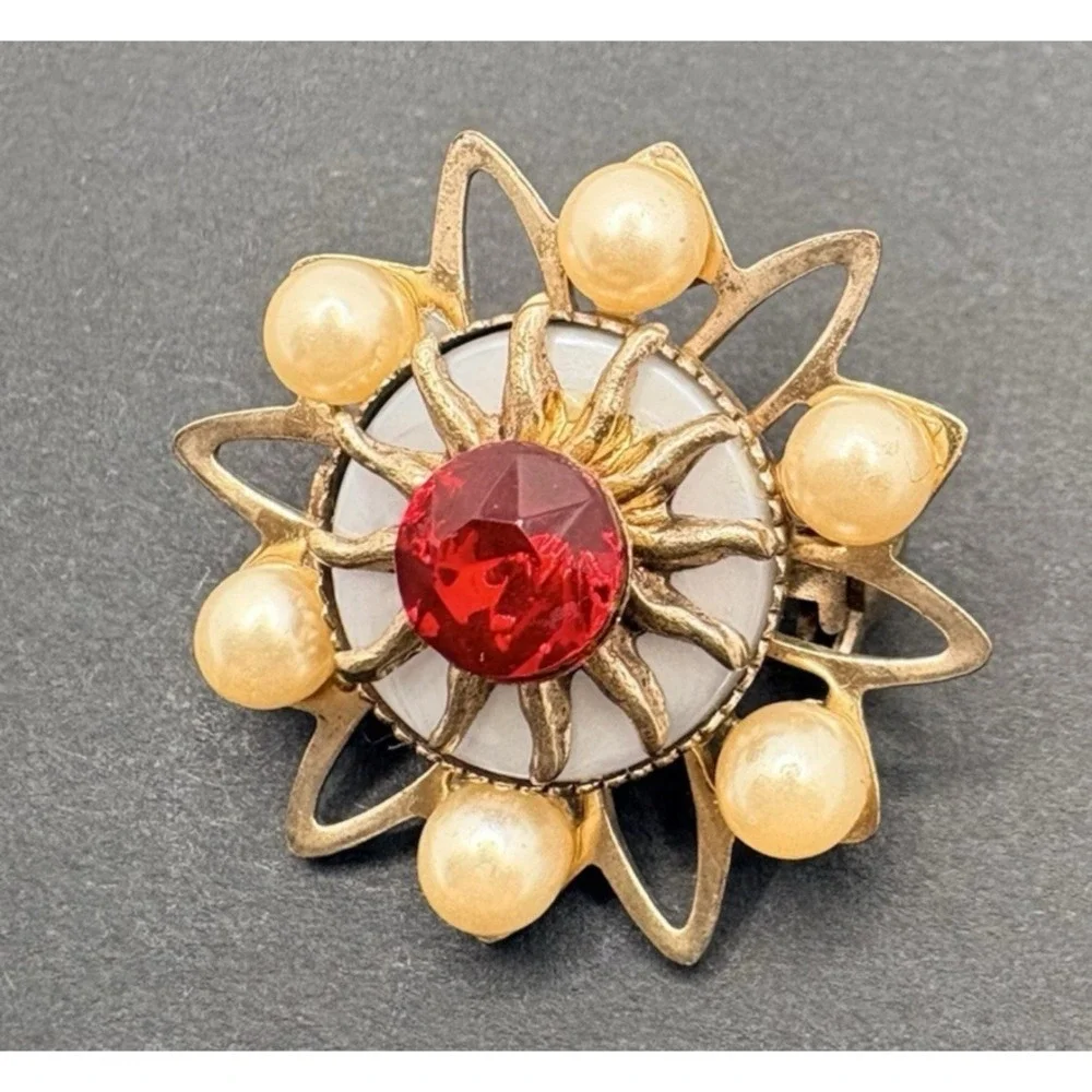 Vintage Starburst Brooch Red Rhinestone Faux Pearl Snowflake Gold Tone Dainty 1